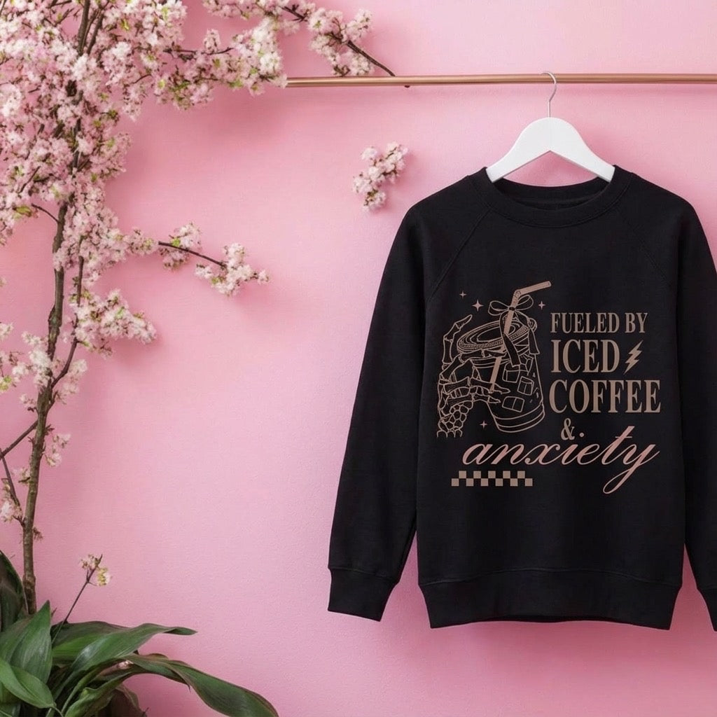 Fueled by Iced Coffee and Anxiety Crewneck – Funny Graphic Sweatshirt