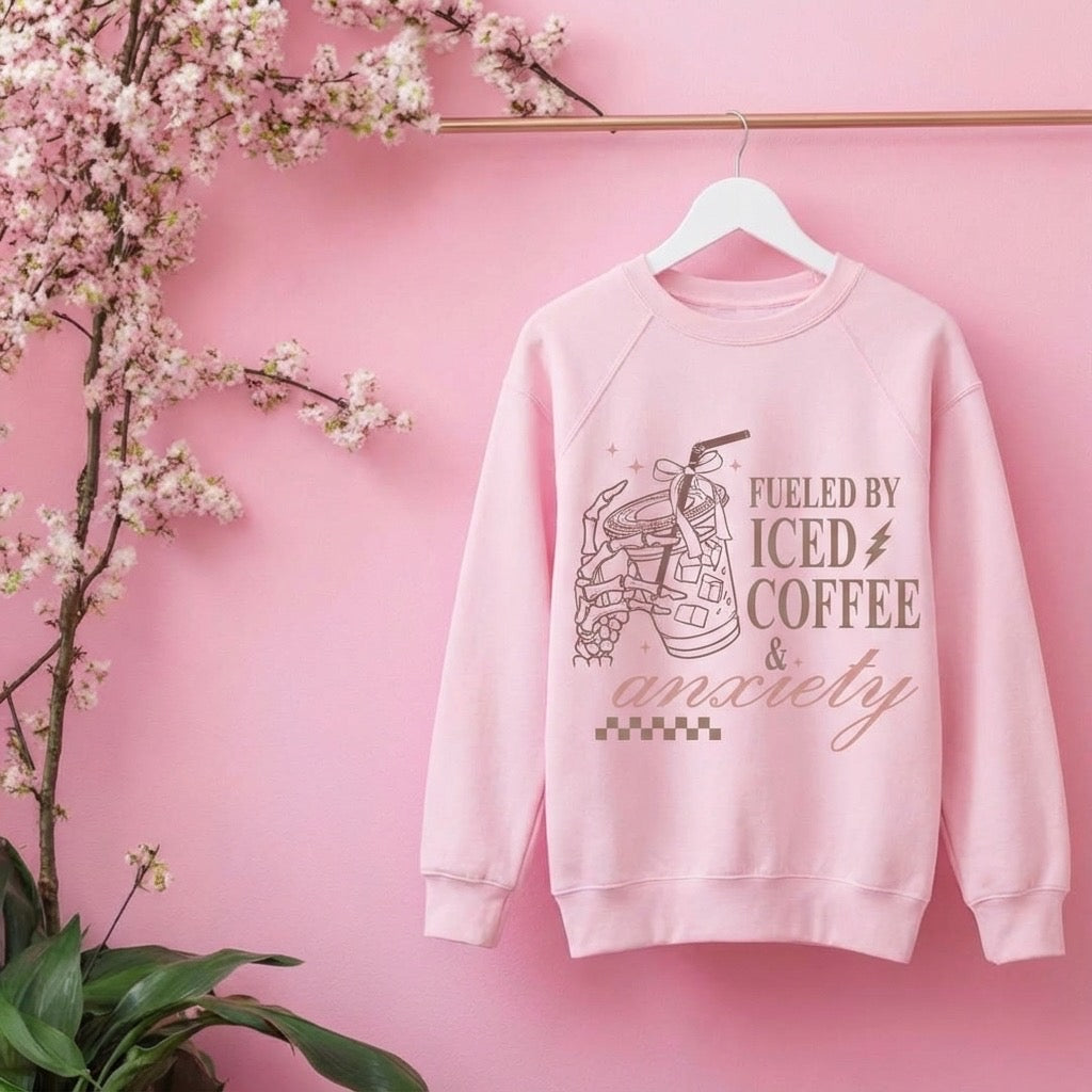 Fueled by Iced Coffee and Anxiety Crewneck – Funny Graphic Sweatshirt