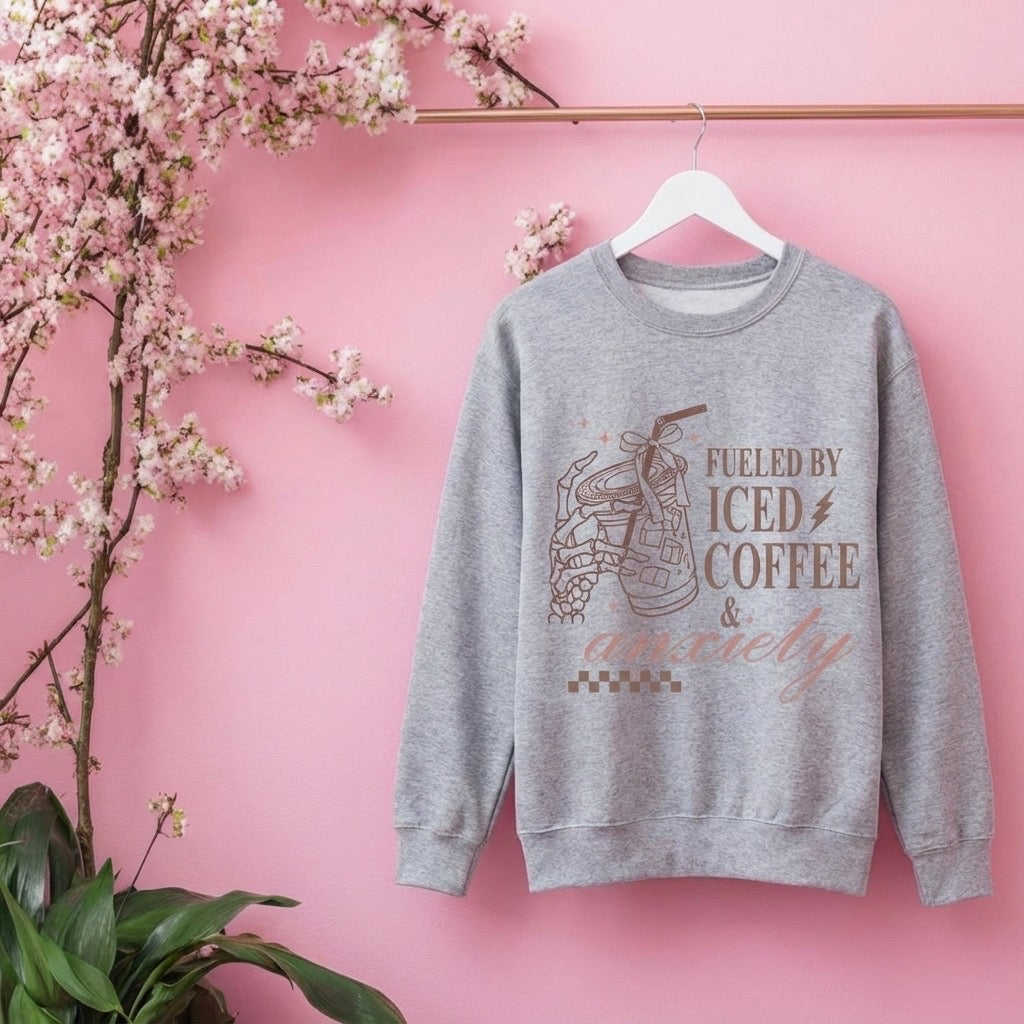 Fueled by Iced Coffee and Anxiety Crewneck – Funny Graphic Sweatshirt